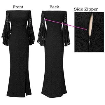 VFSHOW Womens Floral Lace Off Shoulder Bell Sleeve Formal Party Maxi Dress 1810 BLK XL