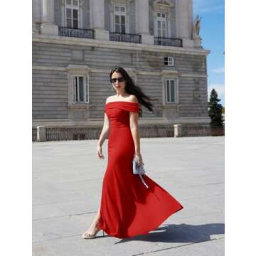 LAGSHIAN Women's Elegant Bodycon Off Shoulder Sleeveless High Split Ruched Long Formal Evening Dress Red