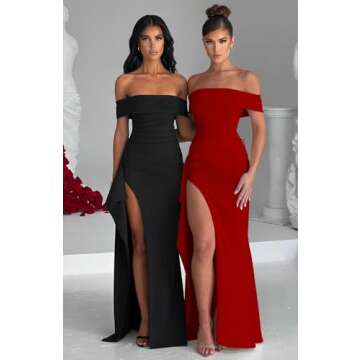 LAGSHIAN Women's Elegant Bodycon Off Shoulder Sleeveless High Split Ruched Long Formal Evening Dress Red