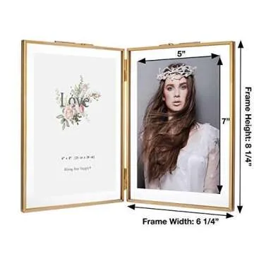 Rising Star Brass Frame, Double 6x8 Folding Picture Frames, Gold Metal Pressed Glass Photo Frame