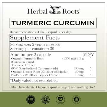 Herbal Roots - Turmeric Curcumin Capsules - Extra Strength - 1000mg Pure Organic Turmeric Supplement...