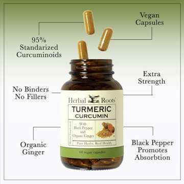 Herbal Roots - Turmeric Curcumin Capsules - Extra Strength - 1000mg Pure Organic Turmeric Supplement, 95% Standardized Curcumin Extract with BioPerine Pepper and Ginger