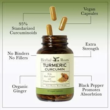 Herbal Roots - Turmeric Curcumin Capsules - Extra Strength - 1000mg Pure Organic Turmeric Supplement, 95% Standardized Curcumin Extract with BioPerine Pepper and Ginger