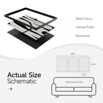 Framed Black and White Abstract Wall Art for Living Room, 3 Piece Modern Minimalist Line Canvas Art Work Prints Black Painting Wall Art Decor for Bedroom, Home Office, 16x24 Inch