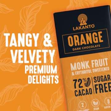 Lakanto Sugar Free Orange Dark Chocolate Bars - Monk Fruit Sweetener and Erythritol, 72% Cacao, Premium Chocolate, Cocoa Butter, Vegan, Gluten Free (Orange - 12 Bars - Pack of 1)