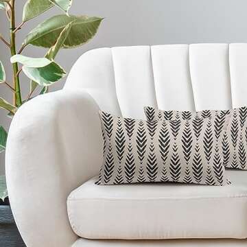 Boho Lumbar Pillow Covers Set of 2 | Black Geometric Herringbone Print Decorative Cover