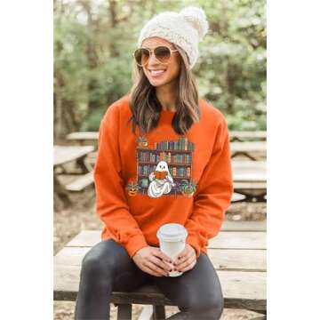 VILOVE Halloween Spooky Sweatshirt Women: Ghost Reading Books Shirt Cute Halloween Teacher Sweatshirt Reading Shirt Orange