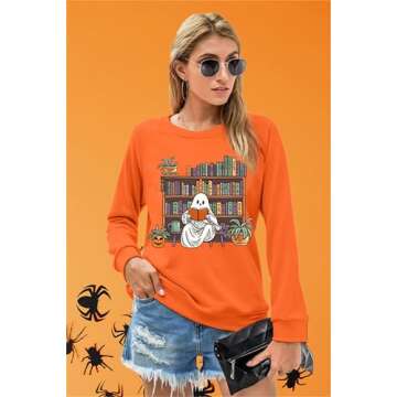 VILOVE Halloween Spooky Sweatshirt Women: Ghost Reading Books Shirt Cute Halloween Teacher Sweatshirt Reading Shirt Orange