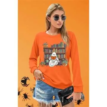 VILOVE Halloween Spooky Sweatshirt Women: Ghost Reading Books Shirt Cute Halloween Teacher Sweatshirt Reading Shirt Orange