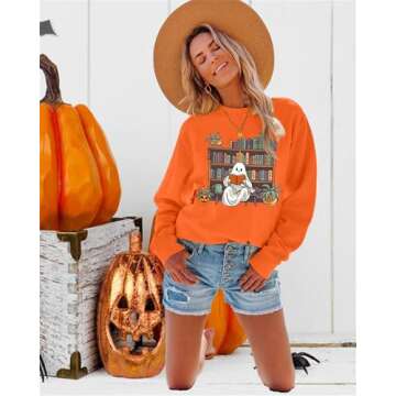 VILOVE Halloween Spooky Sweatshirt Women: Ghost Reading Books Shirt Cute Halloween Teacher Sweatshirt Reading Shirt Orange