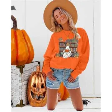 VILOVE Halloween Spooky Sweatshirt Women: Ghost Reading Books Shirt Cute Halloween Teacher Sweatshirt Reading Shirt Orange