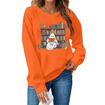 VILOVE Halloween Spooky Sweatshirt Women: Ghost Reading Books Shirt Cute Halloween Teacher Sweatshirt Reading Shirt Orange