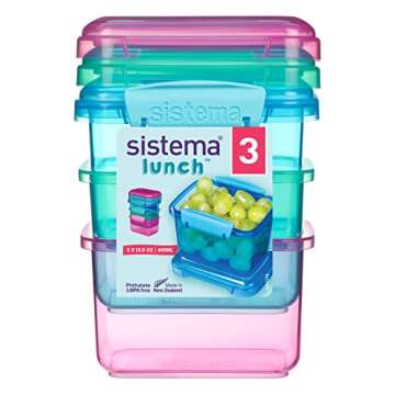 Sistema 3-Piece Food Storage Containers with Lids for Lunch, Meal Prep, and Leftovers, Dishwasher Safe, 1.6-Cup, Blue/Green/Pink
