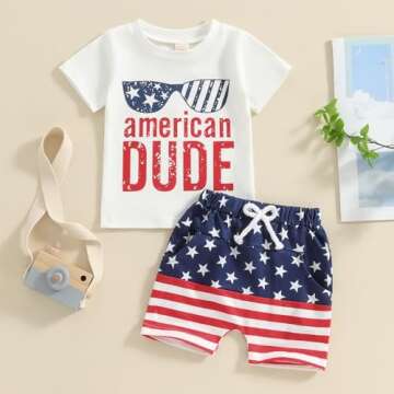 Afunbaby Baby Boy Girl 4th Of July Outfit Toddler USA Short Sleeve T Shirts Stars Stripes Shorts Fou...