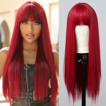Allbell Long Straight Red Wigs for Women - Heat Resistant Cherry Red Wig with Bangs