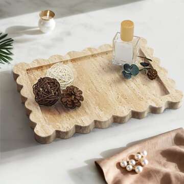 YMXYJM Genuine 100% Travertine Scalloped Marble Tray, Real Natural Marble Stone Trays, Luxury Marble Decorative Trays for Bathroom, Dresser, Vanity, Kitchen, Home Decor, 10.6" x 8", Travertine Beige