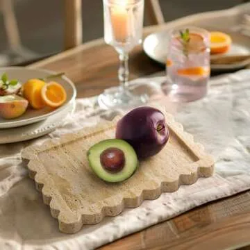 YMXYJM Genuine 100% Travertine Scalloped Marble Tray, Real Natural Marble Stone Trays, Luxury Marble Decorative Trays for Bathroom, Dresser, Vanity, Kitchen, Home Decor, 10.6" x 8", Travertine Beige