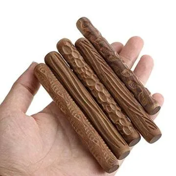 OwnMy Set of 5 Clay Modeling Pattern Rollers Kit, Fish Leaves Cobblestone Ripple Wood Grain Pattern 4.7 in Clay Rolling Pin Textured Hand Roller Wooden Handle Pottery Tools Set