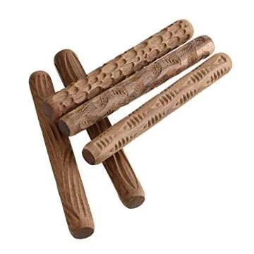 OwnMy Set of 5 Clay Modeling Pattern Rollers Kit, Fish Leaves Cobblestone Ripple Wood Grain Pattern 4.7 in Clay Rolling Pin Textured Hand Roller Wooden Handle Pottery Tools Set