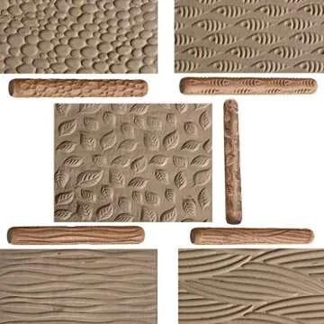 OwnMy Set of 5 Clay Modeling Pattern Rollers Kit, Fish Leaves Cobblestone Ripple Wood Grain Pattern 4.7 in Clay Rolling Pin Textured Hand Roller Wooden Handle Pottery Tools Set