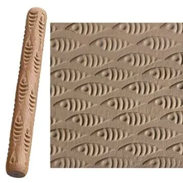OwnMy Set of 5 Clay Modeling Pattern Rollers Kit, Fish Leaves Cobblestone Ripple Wood Grain Pattern 4.7 in Clay Rolling Pin Textured Hand Roller Wooden Handle Pottery Tools Set