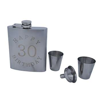 30th Birthday Flask Gift Set - 7 oz Flask Engraved with Happy 30 Birthday