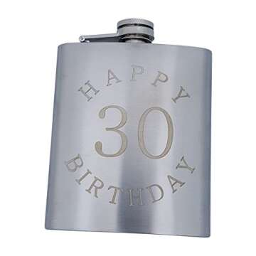 30th Birthday Flask Gift Set - 7 oz Flask Engraved with Happy 30 Birthday