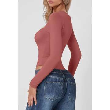 QINSEN Long Sleeve Bodysuit for Women Double Lined Square Neck T Shirt Bodycon Tops Merlot S