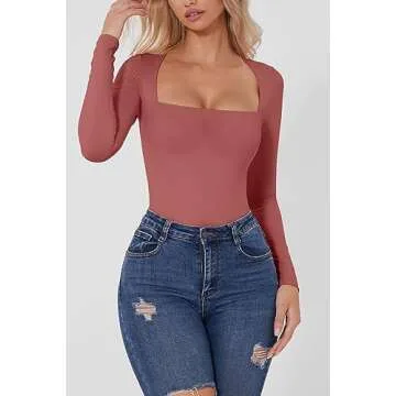 QINSEN Long Sleeve Bodysuit for Women Double Lined Square Neck T Shirt Bodycon Tops Merlot S