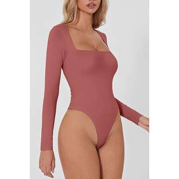 QINSEN Long Sleeve Bodysuit for Women Double Lined Square Neck T Shirt Bodycon Tops Merlot S