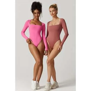 QINSEN Long Sleeve Bodysuit for Women Double Lined Square Neck T Shirt Bodycon Tops Merlot S