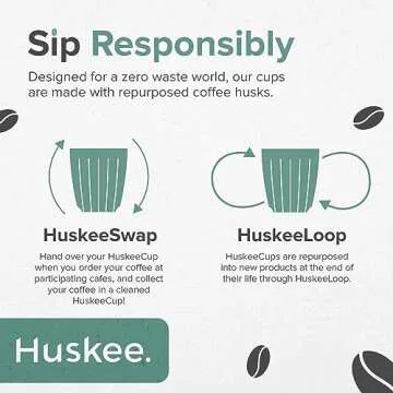 HUSKEE Coffee Cups with Lids, 12 oz. - Portable & Reusable Insulated Latte Cups from Upcycled Coffee Husks - With Unique Fins for Espresso, Cappuccino, Americano, Mocha, Natural
