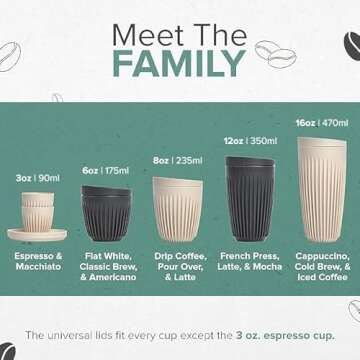 HUSKEE Coffee Cups with Lids, 12 oz. - Portable & Reusable Insulated Latte Cups from Upcycled Coffee Husks - With Unique Fins for Espresso, Cappuccino, Americano, Mocha, Natural