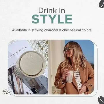 HUSKEE Coffee Cups with Lids, 12 oz. - Portable & Reusable Insulated Latte Cups from Upcycled Coffee Husks - With Unique Fins for Espresso, Cappuccino, Americano, Mocha, Natural