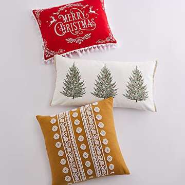 Levtex Home - Folk Deer - Decorative Pillow (12x24in.) - Embroidered Christmas Tree - Red, Green, an...