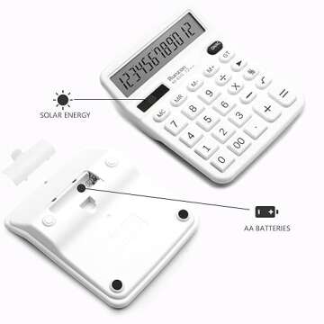 White Desktop Calculator with Large LCD Display and Dual Power