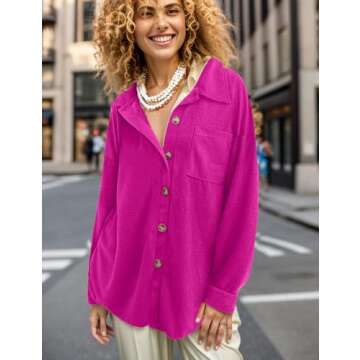 WIHOLL Womens Hot Pink Button Up Shacket Jacket Plus Size Maternity Shirts Fall Outfits 2023 Long Sl...