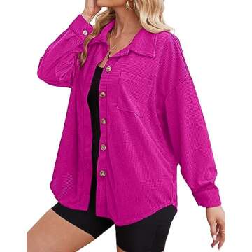 WIHOLL Womens Hot Pink Button Up Shacket Jacket Plus Size Maternity Shirts Fall Outfits 2023 Long Sleeve Basic Fashion Barbie Clothes Work Office Tops Medium