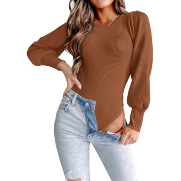 MASCOMODA Long Puff Sleeve Sweaters for Women 2024 Fall Winter Crewneck Knit Ribbed Bodysuit Pullove...