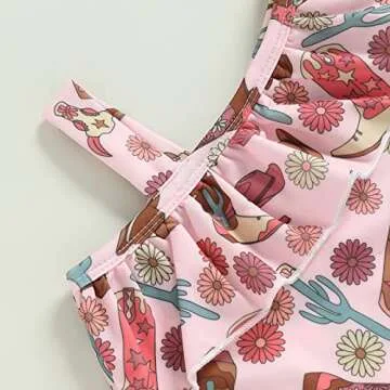 Western Toddler Baby Girl Swimsuit Cow Print Swimwear Ruffle One Piece Bathing Suit with Headband 2Pcs Cowgirl Set (Pink Shoes, 12-18 Months)