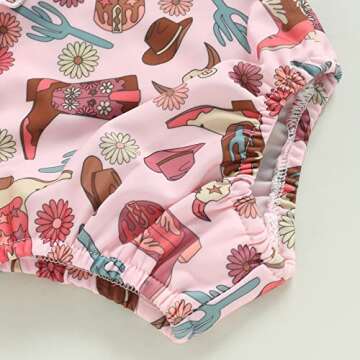 Western Toddler Baby Girl Swimsuit Cow Print Swimwear Ruffle One Piece Bathing Suit with Headband 2Pcs Cowgirl Set (Pink Shoes, 12-18 Months)