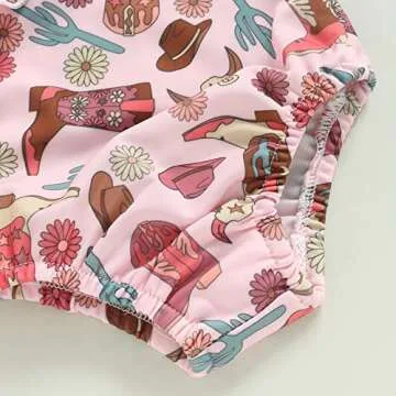 Western Toddler Baby Girl Swimsuit Cow Print Swimwear Ruffle One Piece Bathing Suit with Headband 2Pcs Cowgirl Set (Pink Shoes, 12-18 Months)