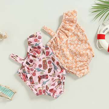 Western Toddler Baby Girl Swimsuit Cow Print Swimwear Ruffle One Piece Bathing Suit with Headband 2Pcs Cowgirl Set (Pink Shoes, 12-18 Months)