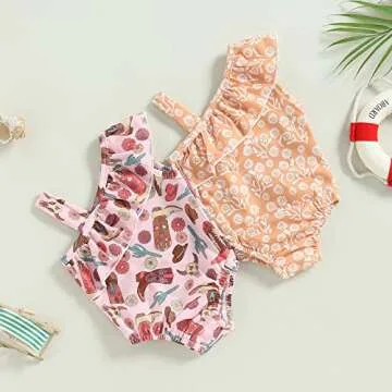 Western Toddler Baby Girl Swimsuit Cow Print Swimwear Ruffle One Piece Bathing Suit with Headband 2Pcs Cowgirl Set (Pink Shoes, 12-18 Months)