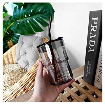 BLUEPOLAR 13oz/400ml Tumbler Water Glass, Water Bottle with Straw and Lid Sealed Carry on, Glass Coffee Mug Iced Tea Cup Thick Wall Insulated Glass Cup (Gray)