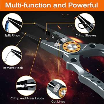 PLUSINNO 8 Inch Fishing Pliers, 6061 Aluminum Alloy Saltwater and Freshwater Muti-Function Fishing Tools, Split Ring Pliers Hook Removers with Sheath and Lanyard Fishing Gifts for Men