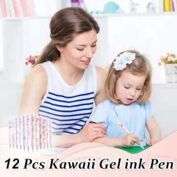 SHAIDOJIO 12pcs Cute Gel Ink Pens, Kawaii Cartoon Pens, 0.5mm Black Retractable Rollerball Pens Set, Student Supplies for Kids Girl Women Writing Journaling, Taking Notes, School Office (Set B)