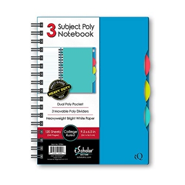 iScholar iQ 3 Subject Poly Cover Double Wire Notebook, 9.5 x 6.5 Inches, College Rule 120 Sheets