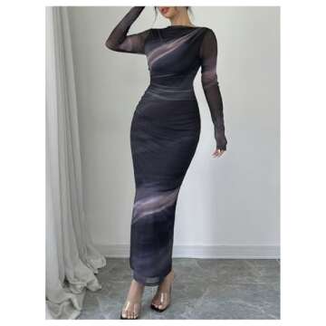 Milumia Women's Tie Dye Long Sleeve Mesh Dress Ruched Bodycon Cocktail Dresses Multicolor Large