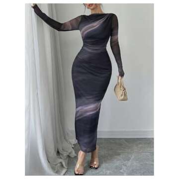 Milumia Women's Tie Dye Long Sleeve Mesh Dress Ruched Bodycon Cocktail Dresses Multicolor Large